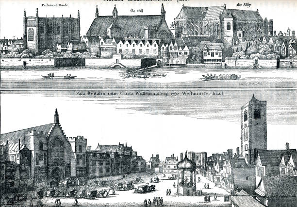 Westminster Abbey Views from River Thames 17th & 18th Century Westminster Abbey and other buildings in Whitehall near River Thames whitehall street stock illustrations