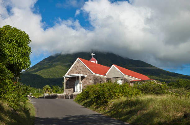Nevis; November 22, 2011; St. George's Anglican Church, Nevis, with Nevis Peak in the distance