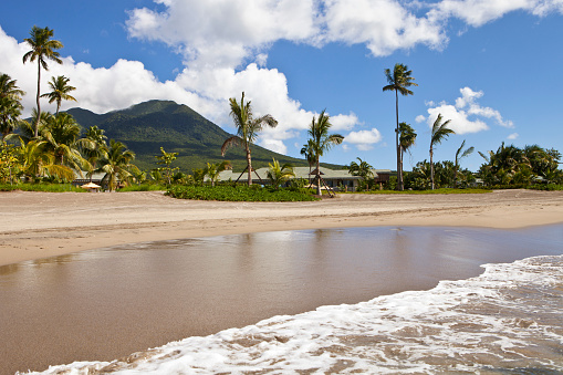 Nevis; November 22, 2011; Pinney's Beach with surf in the foreground, palm trees, and Nevis Peak in the distance