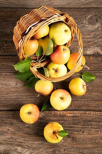 Organic  apples in a basket on the old table