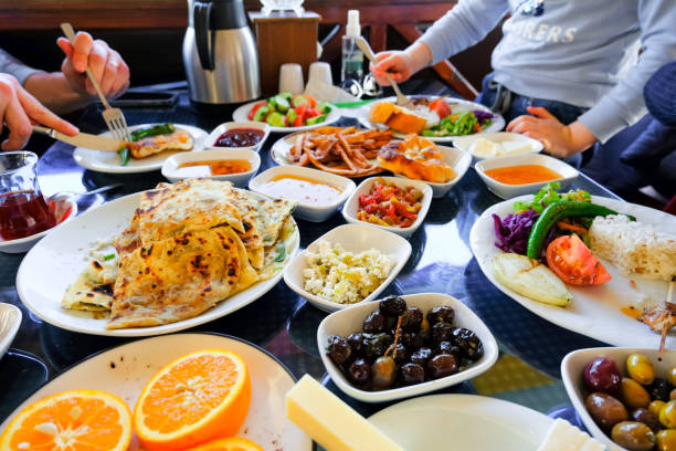 istock Traditional Turkish breakfast. Plates with various appetizers. 1425971012