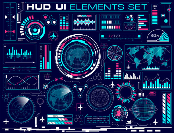 Futuristic graphic user interface HUD UI vector set Set of futuristic graphic user interface HUD. Infographic design UI elements and radar screens. Head up display icons. Vector illustration. head up display vehicle part stock illustrations