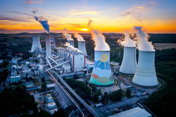 Lignite power station in sunset, Turoszow, Poland stock photo