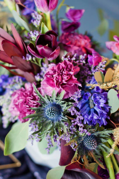 istock Beautiful dark bouquet blue pink flowers 1425981030