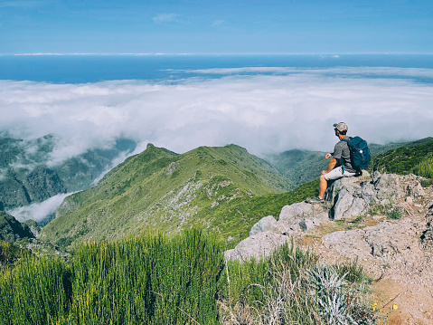 Hiker on PR1 Pico do Arieiro - Pico Ruivo trail Madeira Portugal