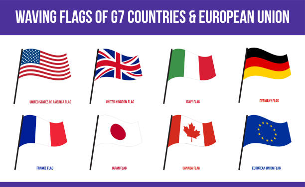 g7フラグ。7つの旗のグループ。カナダ フランス ドイツ イタリア 日本 イギリス 米国 &eu - italy g8 politics russia点のイラスト素材／クリップアート素材／マンガ素材／アイコン素材