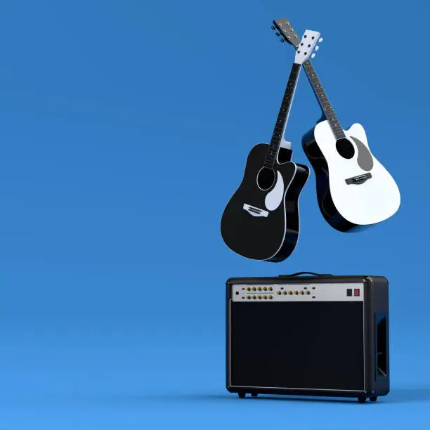 Set of electric acoustic guitars amplifiers on blue background. 3d render of musical percussion instrument, drum machine and drumset with heavy metal guitar for rock festival poster
