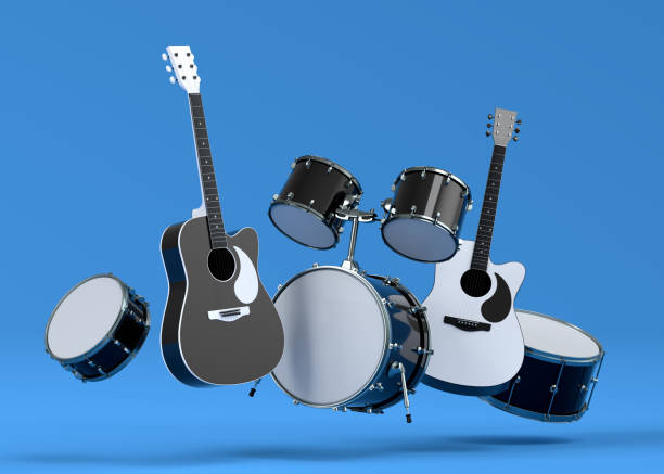 Set of electric acoustic guitars and drums with metal cymbals on blue background Set of electric acoustic guitars and drums with metal cymbals on blue background. 3d render of musical percussion instrument, drum machine and drumset with heavy metal guitar for rock festival poster musical instrument stock pictures, royalty-free photos & images