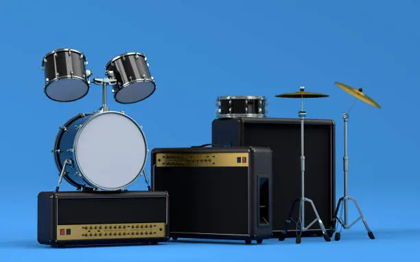 Set of electric acoustic guitars, amplifiers and drums with metal cymbals on blue background. 3d render of musical percussion instrument, drum machine and drumset with heavy metal guitar