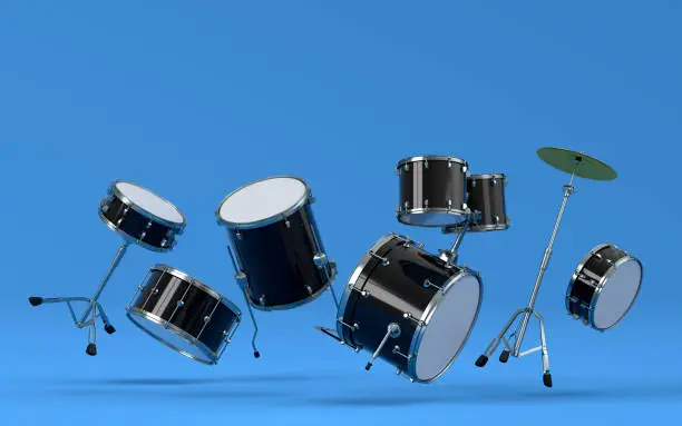 Set of drums with metal cymbals on blue background. 3d render of musical percussion instrument, drum machine and drumset with heavy metal guitar for rock festival poster