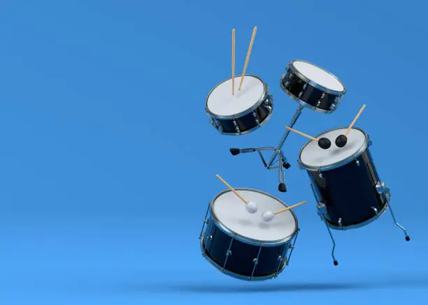 Set of drums with metal cymbals on blue background. 3d render of musical percussion instrument, drum machine and drumset with heavy metal guitar for rock festival poster