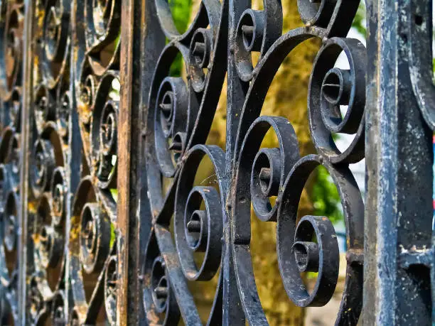 Curled shapes of heavy wrought iron gate closeup in detail.
