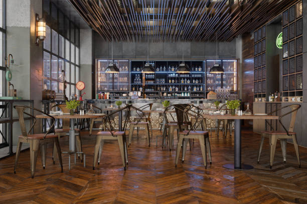 istock Pub Interior With Bar Counter And Tables At Night 1425985810