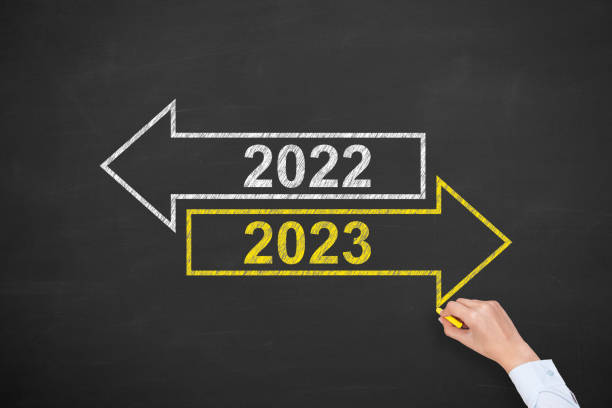 istock Human Hand Drawing Old Year or New Year 2023 on Blackboard Background 1425986535