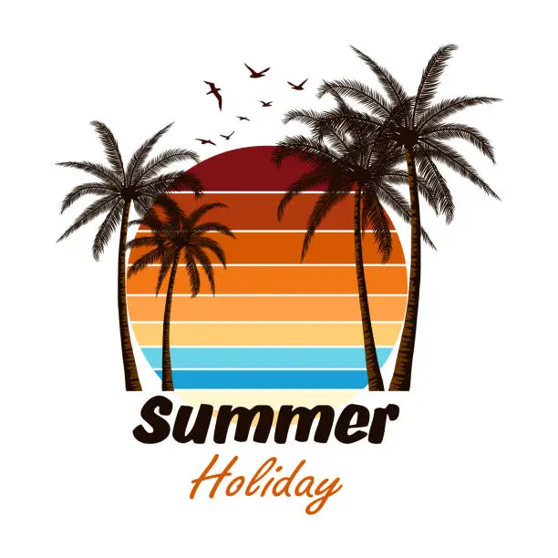 Vector illustration of Summer Holiday Tropical Sunset With Palm Trees