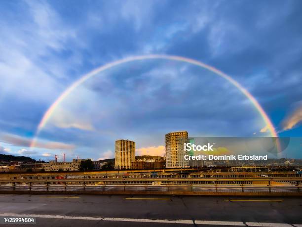 Rainbow Over The Prime Tower In Zurich Stock Photo - Download Image Now - Bridge - Built Structure, City, City Life