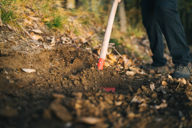 istock Farmer rakes earth and leaves 1425994800
