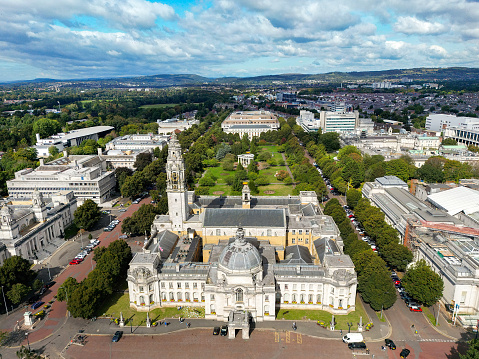 Cardiff, Wales - September 2022: Aerial view of the front of the City Hall in Cardiff civic centre