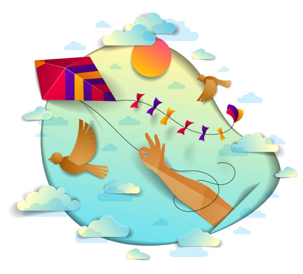 istock Hand holding kite over cloudy sky birds flying and sun, freedom and easiness emotional concept, vector modern style paper cut 3d illustration. 1426000242