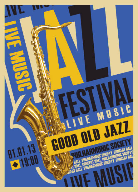 афиша для фестиваля джазовой музыки и саксофона - brass instrument illustrations stock illustrations