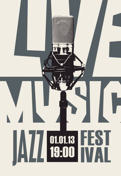 ilustraciones, imágenes clip art, dibujos animados e iconos de stock de póster para festival de jazz o concierto de música en vivo con micrófono - playbill