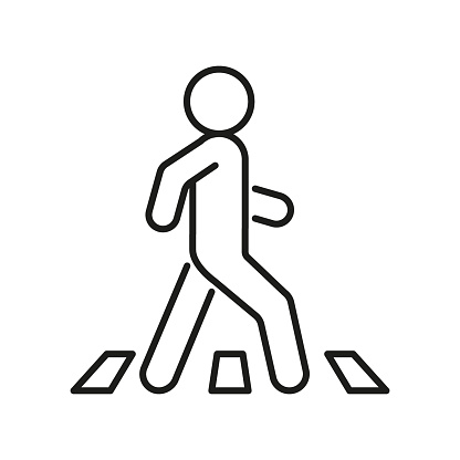 Pedestrian at crosswalk, person on road, line icon. Safely cross road symbol. Vector outline
