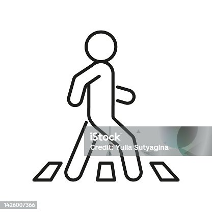 istock Pedestrian at crosswalk, person on road, line icon. Safely cross road symbol. Vector 1426007366