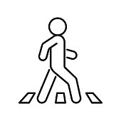 istock Pedestrian at crosswalk, person on road, line icon. Safely cross road symbol. Vector 1426007366