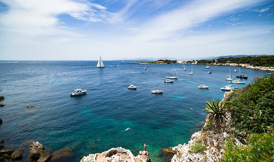 Classic sail boat in front of Opatija Village, Croatia, aerial view