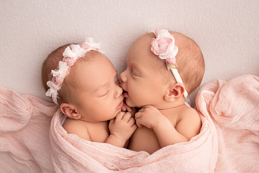Tiny newborn twin girls. A newborn twin sleeps next to his sister. Newborn twin girls on the background of a pink blanket with pink bandages. The girls gently hug and kiss their sister in a cute pose
