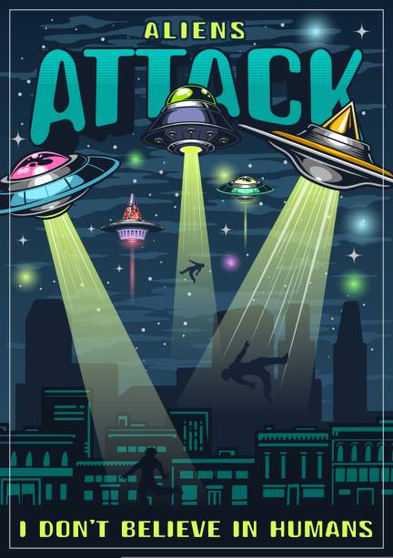 Alien attack vintage poster colorful Alien attack vintage poster colorful UFOs abduct people from city streets with laser light from space flying saucers vector illustration alien invasion stock illustrations