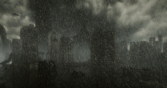 Digitally generated post-apocalyptic scene depicting a desolate urban landscape with tall buildings in ruins, during a strong radioactive rainfall.

The scene was created in Autodesk® 3ds Max 2023 with V-Ray 6 and rendered with photorealistic shaders and lighting in Chaos® Vantage with some post-production added.