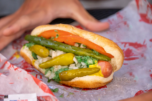 a picture of a Loaded hot dog with pickles peppers, tomatoes on a bun