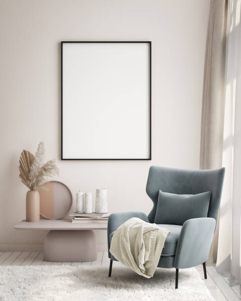 istock mock up poster frame in modern interior background, living room, Scandinavian style, 3D render, 3D illustration 1426014287