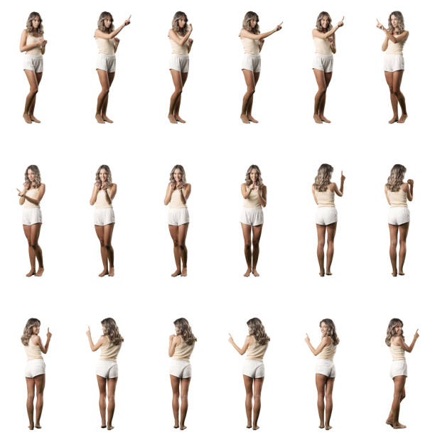 istock Young woman in pajama shorts using various touch screen gestures from side, front and behind. 1426016792