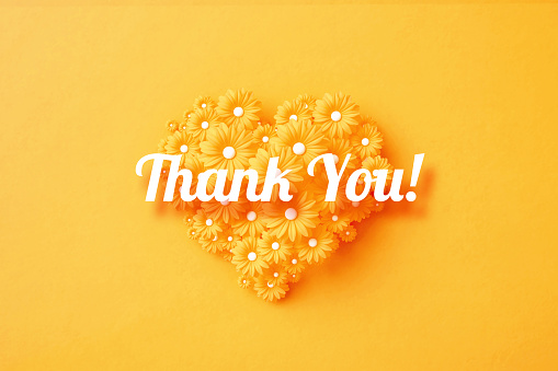 Thank you message sitting over yellow heart shaped by yellow daisies on yellow background. Horizontal composition with copy space. Directly above. Thank you concept.
