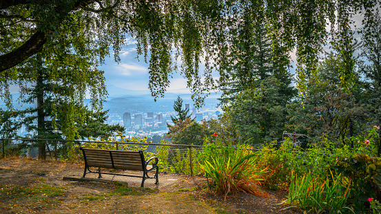 Autumn landscape at Pittock Mansion Park in Portland, Oregon State.