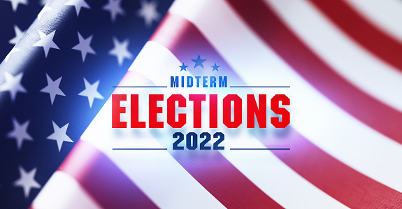 2022 Election message written over rippled American flag. Horizontal composition with copy space. Front view. 2022 US Midterm Elections Concept.