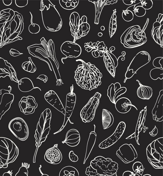 ilustrações de stock, clip art, desenhos animados e ícones de autumn harvest vegetables seamless pattern. linear white on black background. pumpkin, leaf, tomato, beetroot, eggplant, carrot, onion and radish. fall illustration for wallpaper, wrapping, textile - leaf black background line art nature