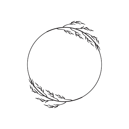 Minimalistic wreath of two twigs with long leaves. Simple round frame, farmhouse decoration, family logo. Circle, border with black silhouette of tree branches. Vector illustration isolated on white