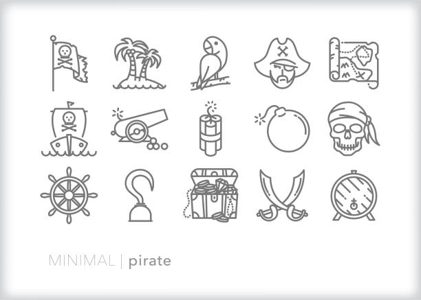 Pirate theme icons Set of 15 pirate themed line icons of hidden treasure, sword-fighting, tropical locale and more. bounty hunter stock illustrations