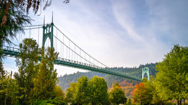 Autumn landscape of St. John's Bridge over Cathedral City Park in Portland stock photo