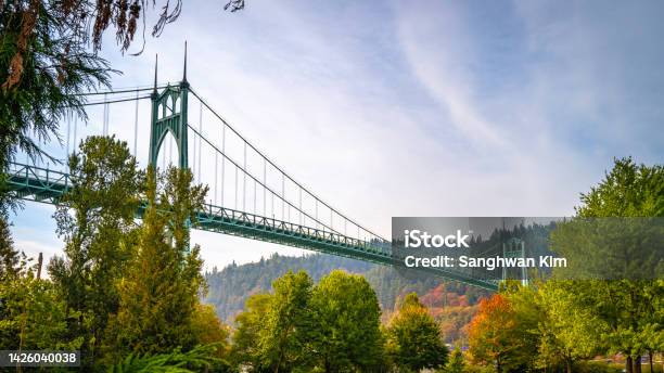 Autumn Landscape Of St Johns Bridge Over Cathedral City Park In Portland Stock Photo - Download Image Now