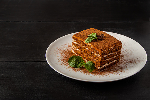 Italian dessert tiramisu on dark background. Slice of coffee cake on white plate. Vegetarian sweet decorated with mint leaves.