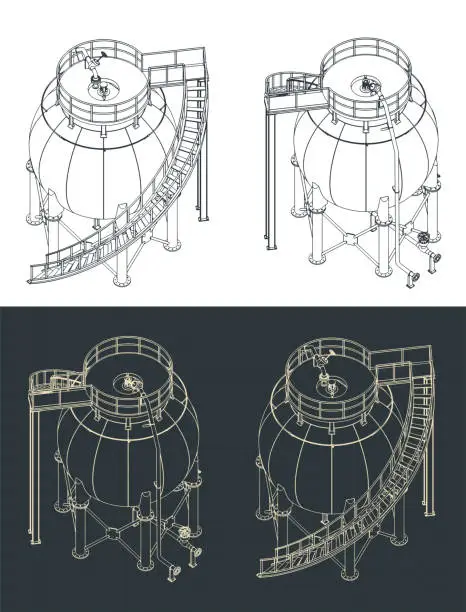 Vector illustration of Spherical storage tank isometric blueprints