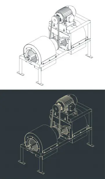 Vector illustration of Industrial centrifugal air blower isometric blueprints