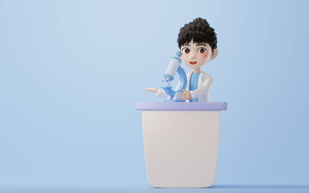 istock 3D cartoon female researcher and microscope, 3d rendering. 1426053103