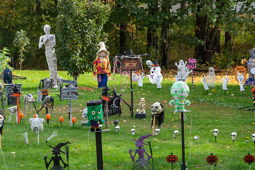 Providence, USA - October 16, 2021. Halloween decoration in the front yard of a house in Providence, Maine, USA