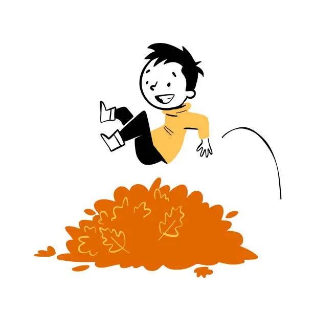 Vector illustration of Cartoon Boy Jumping in Leaves