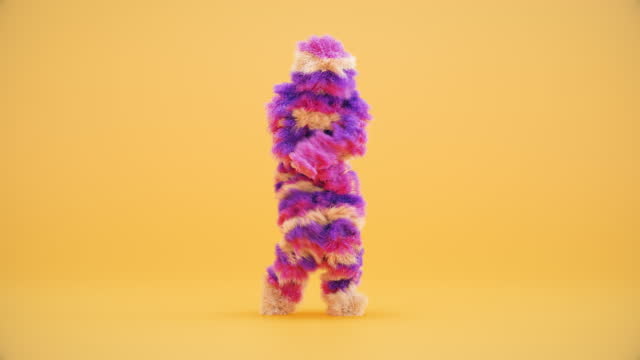 3d Animation colorful hairy cartoon monster character hip-hop dancing on yellow background, person wearing furry costume, funny mascot looping animation, modern minimal (Seamlessly Loopable) motion design stock video